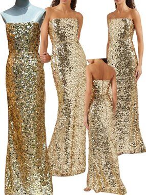 🆕 BRONX & BANCO 🧿 NWOT Farah Strapless Sequins Gown, Gold, Sz XS US 2